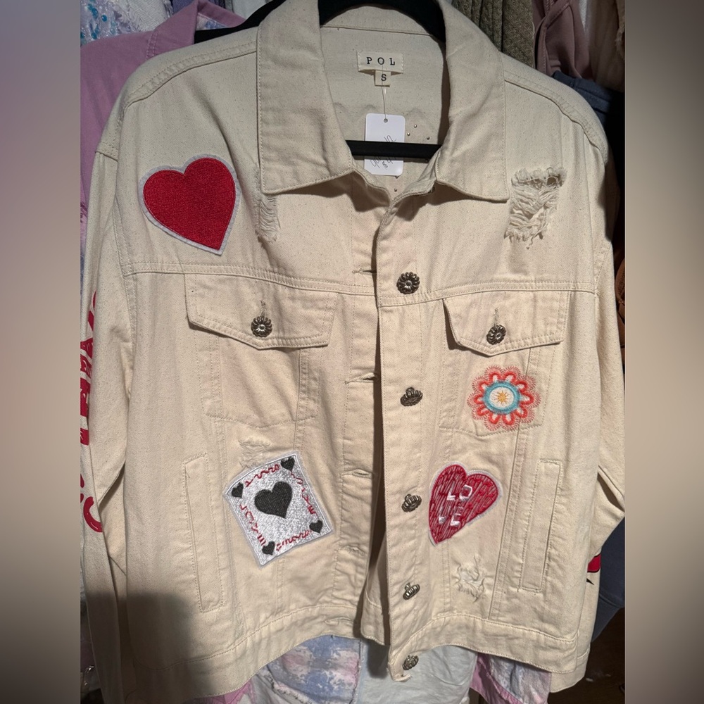 POL Women's off white Embroidered Patch Denim Jacket SIZE SMALL